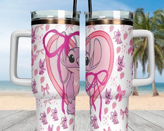 Personalized Stitch Angel 40oz Tumbler, Lilo And Stitch Stainless Tumbler, Stitch Ohana Drinkware Cup, Disneyland Trip Tumbler For Fan