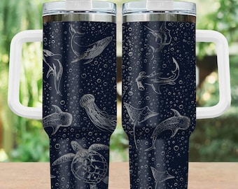 Sea Animal Ocean Engraved Tumbler, Ocean Lover 40oz Tumbler, Deep Sea Shark Stainless Steel Tumbler, Beach Drinkware Tumbler For Fan