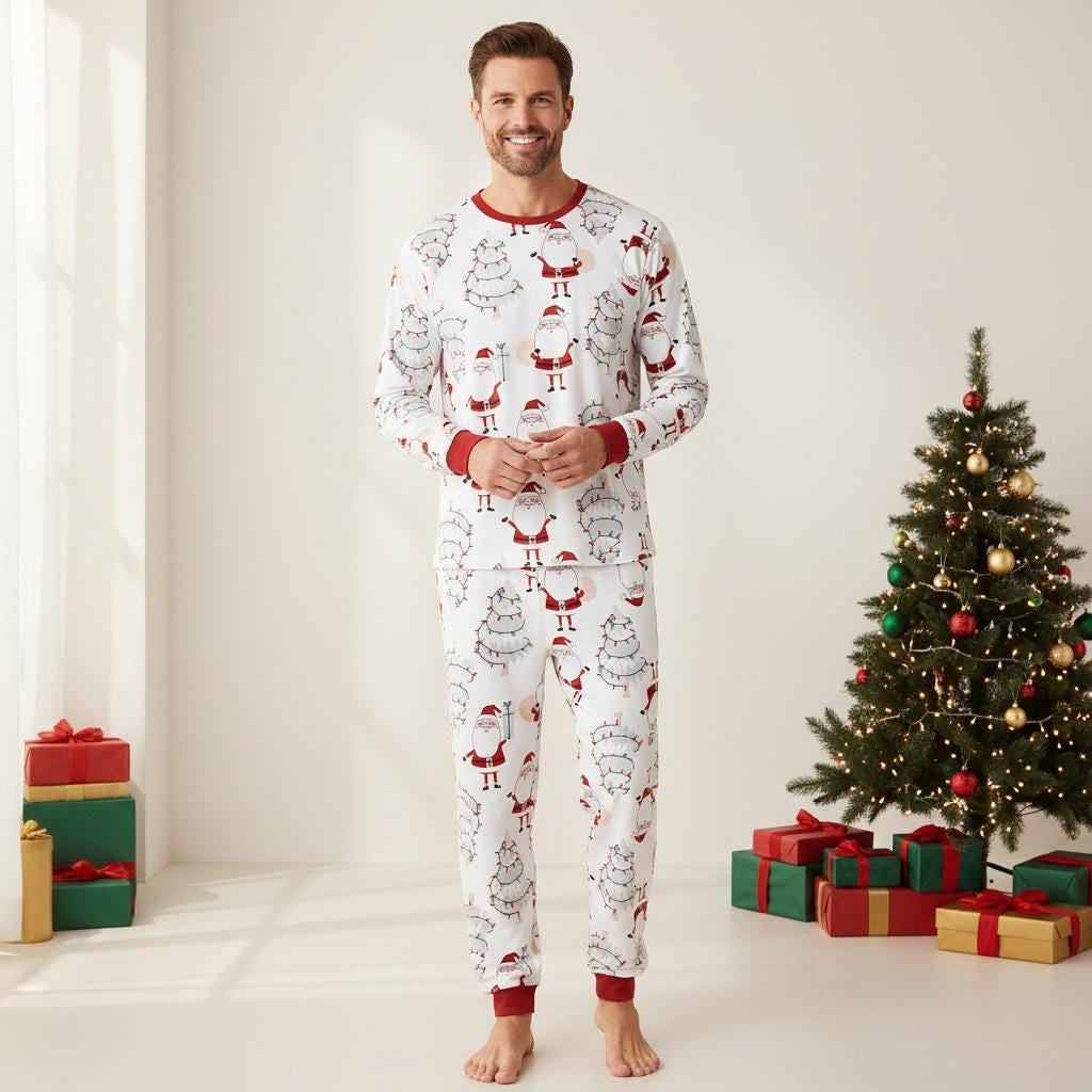 Discover Santa Long Sleeve Pajama Set for Adults, Family Christmas Pajamas, Holiday Matching Sleepwear, Festive Xmas Loungewear