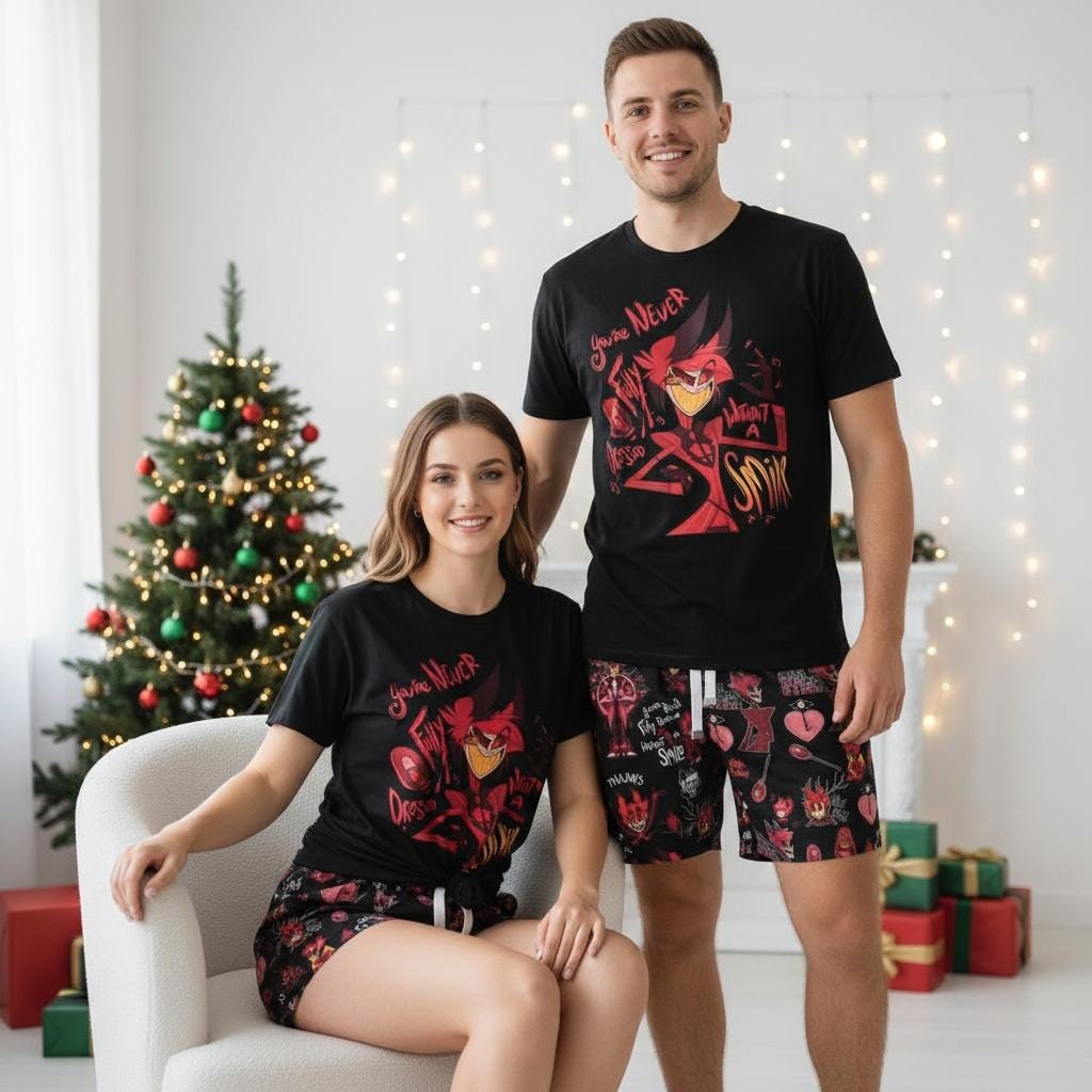 Discover Hazbin Hotel Alastor Tshirt And Shorts, Hazbin Hotel Shirt, Angel Dust Christmas Pajamas, Alastor Women Pajamas, Hazbin Hotel Merch