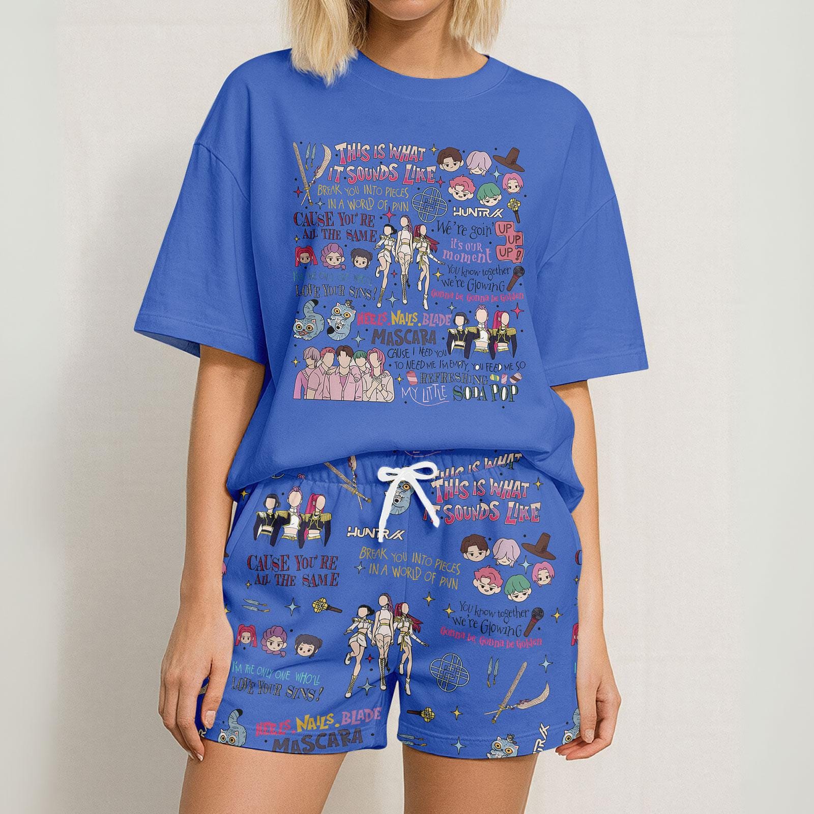 Discover Kpop Hunters Inspired Tshirt And Shorts, Huntrix Matching Pajamas Set, Saja Boys Pajamas Family, Demon Hunters Shortsleeve Pajamas Set