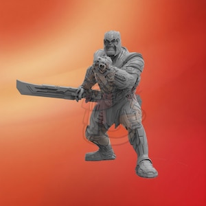 May include: A gray, detailed, action figure of Thanos from the Marvel Cinematic Universe. He is holding a double-bladed sword and has a menacing expression on his face.