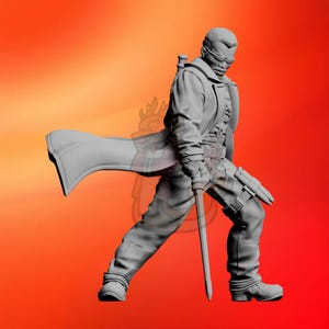 Puede incluir: Una figura gris de un personaje con un abrigo largo, sosteniendo una espada. La figura lleva gafas y tiene una postura decidida. El fondo es un degradado de naranja y rojo.