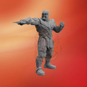 May include: A gray 3D printed figurine of a superhero character with a detailed, textured suit and a weapon in one hand. The character has a serious expression and a large, imposing presence.