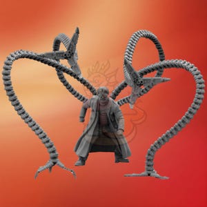 May include: A gray figurine of Doctor Octopus, a character from the Spider-Man comics, with four mechanical tentacles. The figure is wearing a long coat and glasses. The background is a gradient of orange and red.