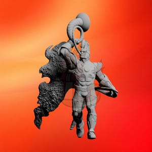 Op de afbeelding: Een 3D-geïllustreerd beeldje van een gespierde figuur in een futuristisch pak, met een grote, opgerolde hoorn. De figuur is grijs, met pantserachtige details. Een getextureerde, grijze, vleugelachtige structuur bevindt zich achter de figuur. De achtergrond is een verloop van oranje en rood.