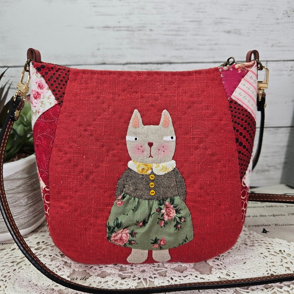 Handmade Linen Crossbody Bag, Patchwork Quilted Kitty Applique