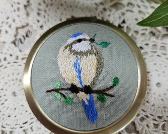 Pocket mirror, embroidery mirror,compact mirror,Handmade mirror,hand embroidered makeup mirror,bird embroidery
