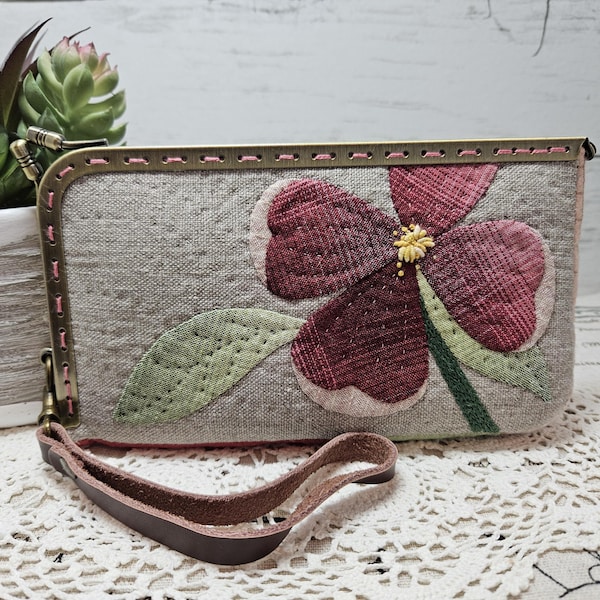 Handmade Embroidered Linen Clutch, Floral Kisslock Frame Bag