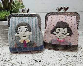 Handmade Patchwork Coin Purse, Hand Sewn, Mama and Papa