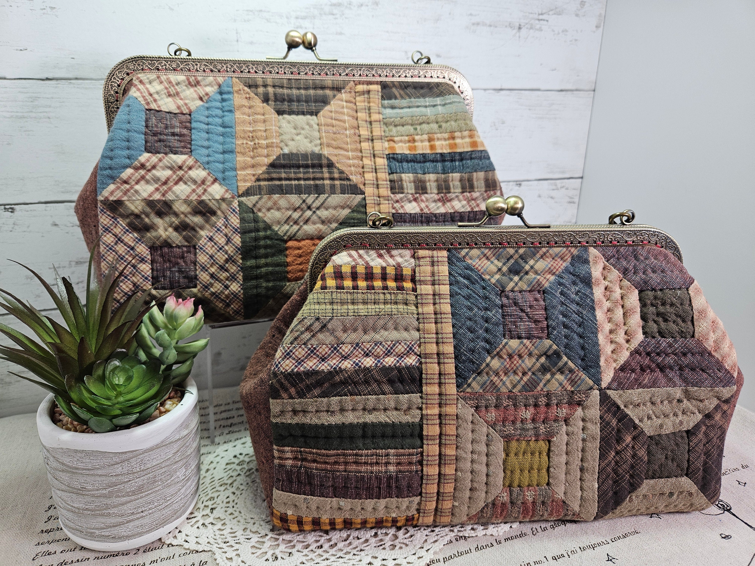 Handmade Patchwork Quilted Bag, Japanese Cotton Fabric, Kisslock