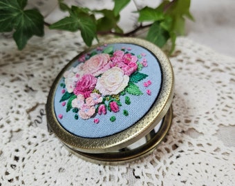 Pocket mirror,embroidery mirror,compact mirror,Handmade mirror,hand embroidered makeup mirror, flower embroidery