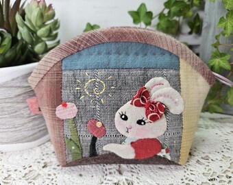 Hand Quilted Patchwork Pouch, Appliqued Bunny, Makeup Bag