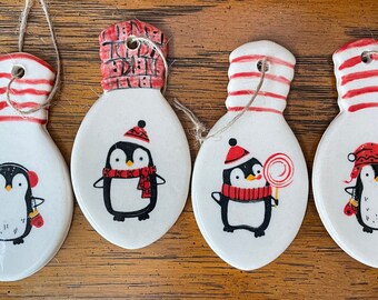 Penguins ceramic ornaments, Christmas decor, package tags