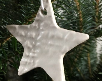 White star ornament, stoneware ornament, satin white glaze, white stoneware ornament, christmas package tag decoration