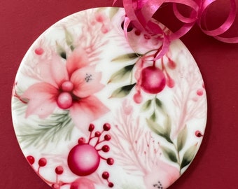 Christmas Vibes in Pinks and Greens Ceramic Ornament with FREE SHIPPING!