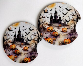 Set of Two Haunted House Neoprene Absorbent Car Coasters with FREE SHIPPING!