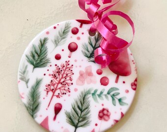 Retro Christmas Vibes in Pinks and Greens Ceramic Ornament with FREE SHIPPING!