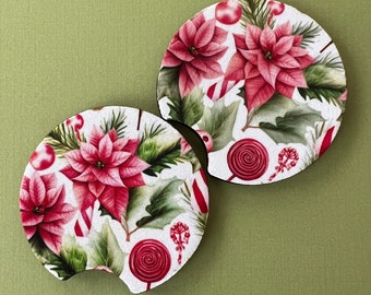 Set of Two Pink Christmas Poinsettia Car Coasters with FREE SHIPPING!