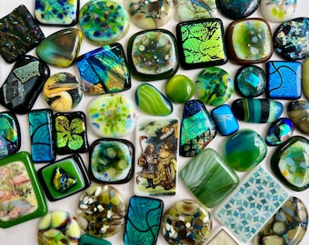 50 Piece Fused Glass Cabochons in Blue and Green Tones with FREE Shipping