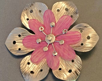 Sterling Silver flower pendant with Eight Pink Rounded Petal Center