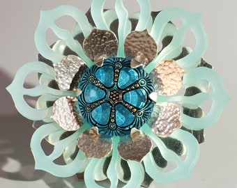 Aqua Lotus Blossom Study Sterling Silver, Vintage Glass and Acrylic Brooch/Pendant
