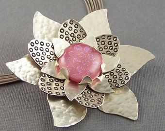 Pink Dichroic Glass and Sterling Silver  Flower Pendant