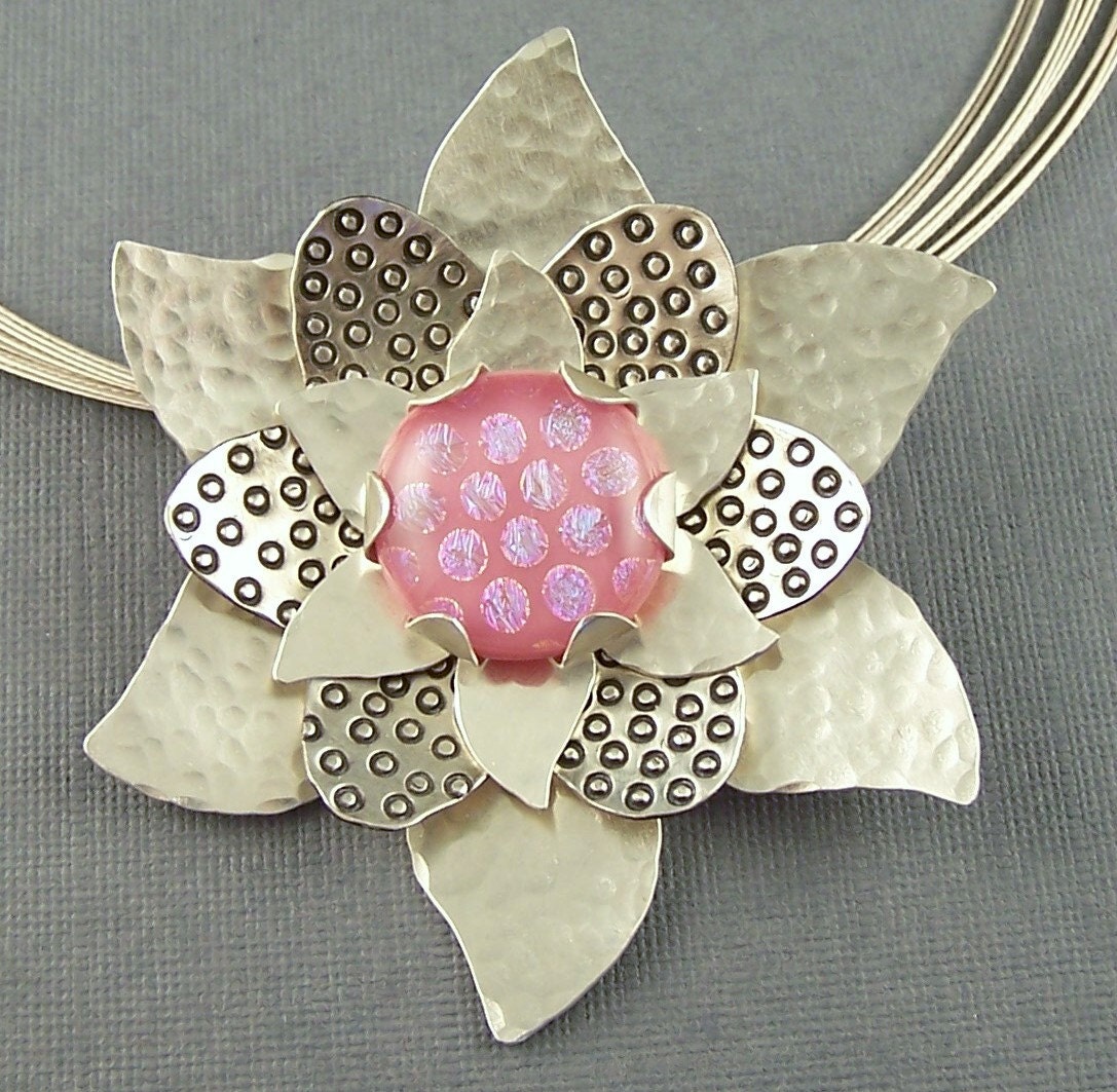 Pink Dichroic Glass and Sterling Silver Flower Pendant - Etsy
