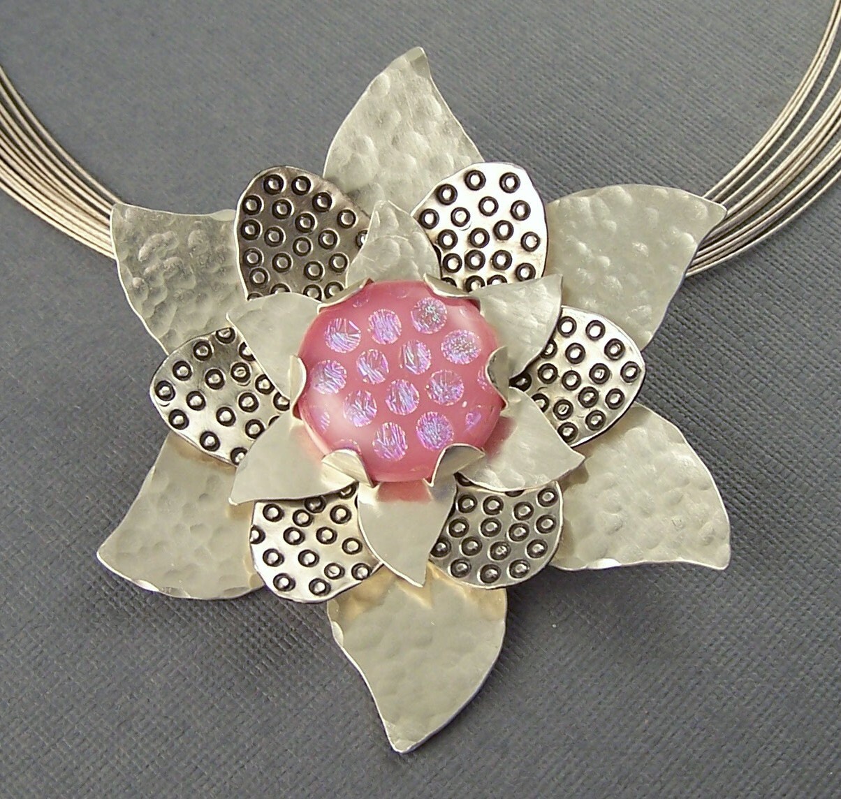 Pink Dichroic Glass and Sterling Silver Flower Pendant - Etsy