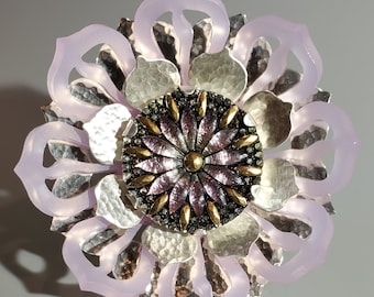 Lavender Lotus Blossom Study Sterling Silver, Vintage Glass and Acrylic Brooch/Pendant