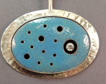 Aqua Enameled Ellipse Pendant with Clear Cubic Zirconia