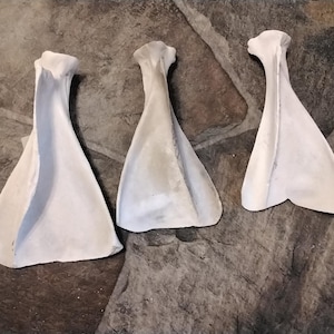 May include: Three white, bone-shaped objects are arranged on a textured, gray stone surface. Each object has a flared, triangular body and a narrow, curved neck. The objects are likely anatomical models or decorative pieces.