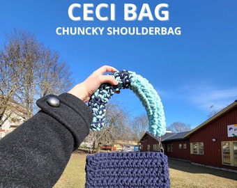 CECI BAG / Bolso de crochet con cadena metálica y botón magnético. Bolsa de hilo de camiseta, hilo reciclado