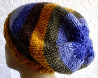 Unisex slouchy hat mustard gold olive green blue brown striped hat unisex winter hat mens womens chunky knit slouchy hat ski hiking toboggan