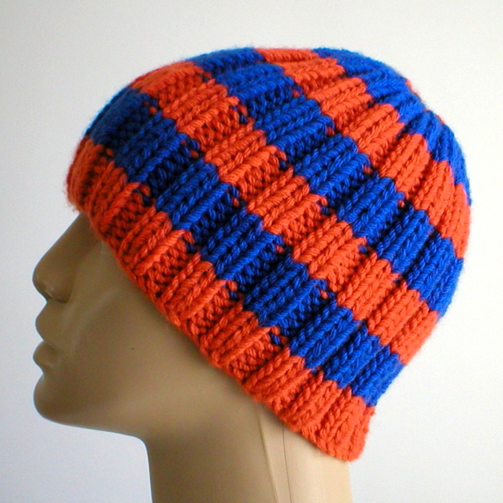 Orange Royal Blue Striped Beanie Hat 