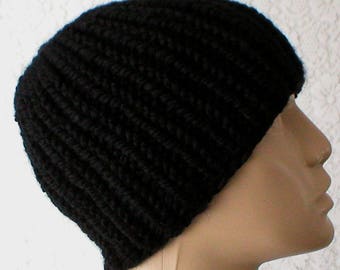 Black rib knit beanie, Bulky wool blend unisex hat, jet winter hat