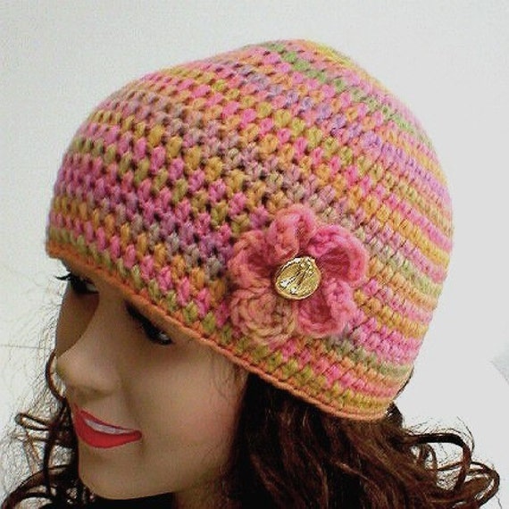 Pink striped wool crochet beanie, pink peach lilac hat, wool chemo cap