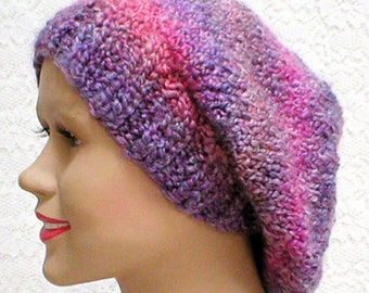 Women's purple pink gray striped slouchy hat womens winter hat pink purple slouchy vegan beanie womens chunky knit hat pink purple chemo cap