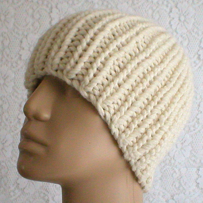 Cream beanie hat mens womens winter white beanie ivory bulky knit