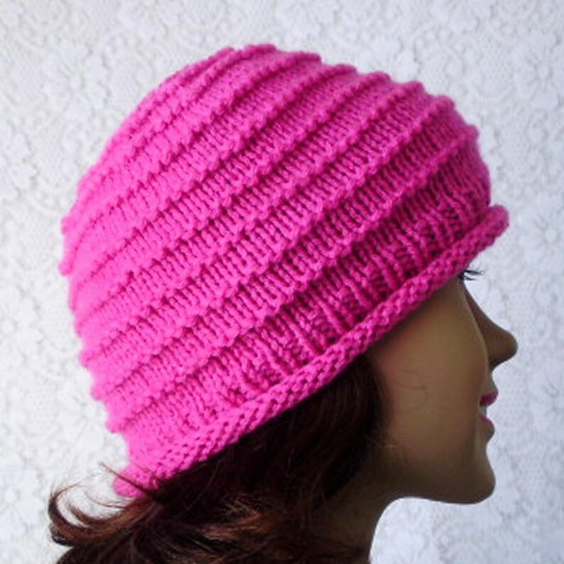 Bright Pink Rolled Brim Beanie Hat Womens Pink Knit Hat Pink Beanie Hat