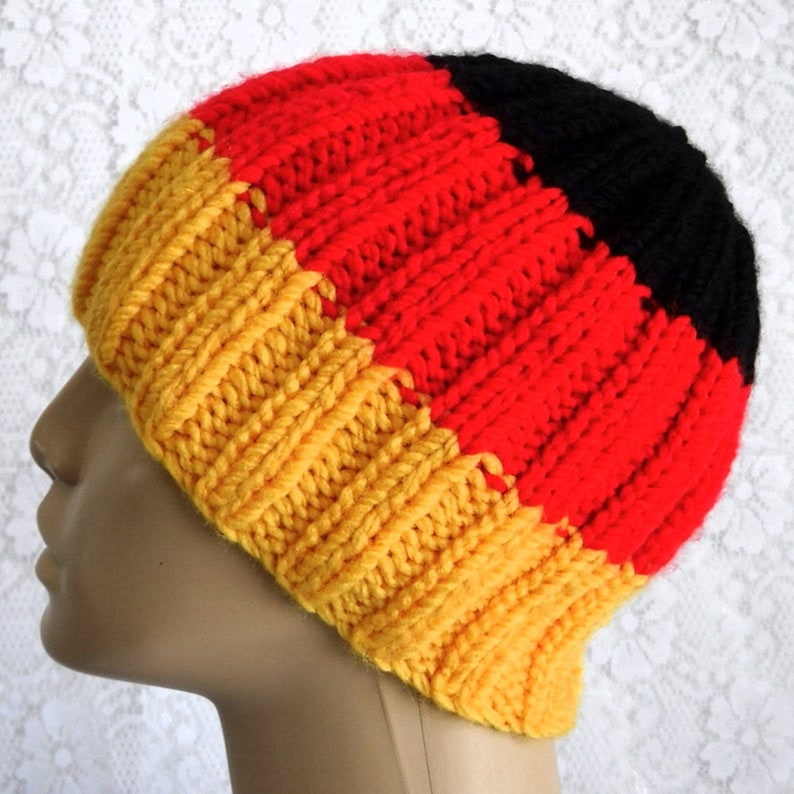 Unisex gold red black striped beanie hat mens womens ribbed beanie hat German flag hat chunky knit winter hat Canada ski hiking toboggan image 2