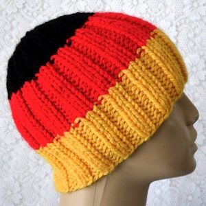 Unisex gold red black striped beanie hat mens womens ribbed beanie hat German flag hat chunky knit winter hat Canada ski hiking toboggan image 1