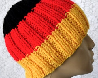 Unisex gold red black striped beanie hat mens womens ribbed beanie hat German flag hat chunky knit winter hat Canada ski hiking toboggan