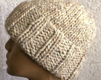 Wheat tweed watch cap, bulky knit winter dark cream brimmed beanie