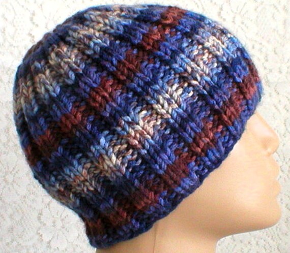 Blue Brown Striped Beanie Hat Mens 