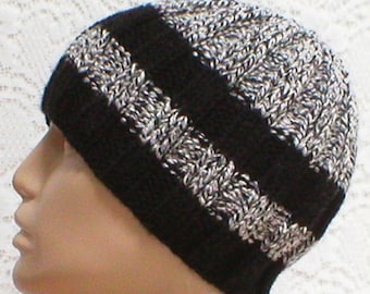 Black gray white tweed striped beanie hat unisex striped black gray skully black gray white vegan knit hat unisex striped chemo cap hiking