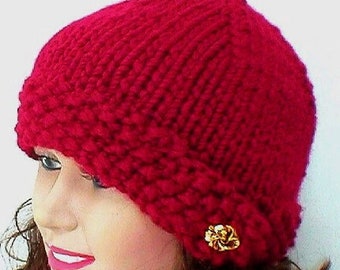 Cranberry red beanie hat with a gold button womens red bulky knit hat womens red chemo cap red winter hat womens red beanie hiking toboggan