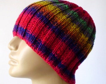 Rainbow beanie hat red purple rust mustard blue green striped hat unisex beanie hat vegan knit hat ribbed beanie Canada rainbow chemo cap