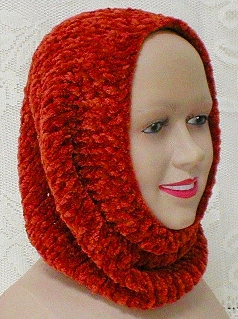 Rust copper cowl rust chenille cowl bulky knit spice cowl winter cowl rust hood scarf snood womens mens rust knit cowl Canada hiker toboggan image 3