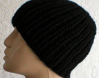 Unisex black beanie hat mens womens black winter hat Canada black ribbed skull cap bulky knit black wool hat black chemo cap hiking toboggan